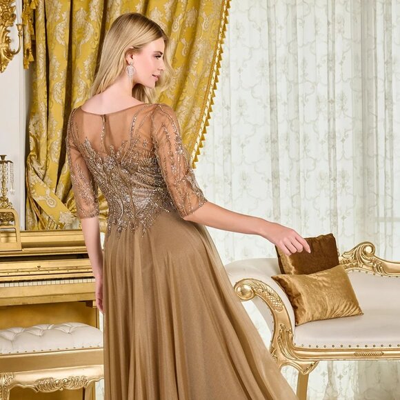 New Beads Embellished Maxi Mother Of Bride Beaded Gown w/ 3/4 Sleeves GL3786 - Picture 10 of 14